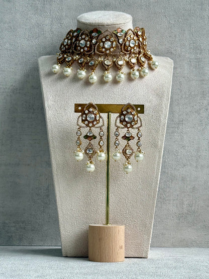 Ayura Designs Serina Choker Set with Earrings – Peach & Pistachio Enamel, Mirror-Cut Stones & Pearl Drops