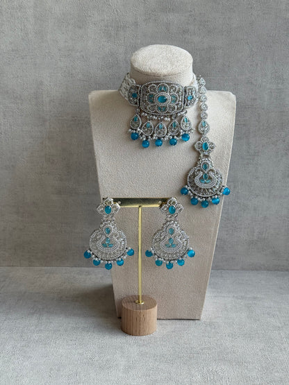 Ayura Designs Zarlish Set – Choker, Earrings & Tikka with Mirror-Cut Stones, Aqua Blue Beads & Silver Finish