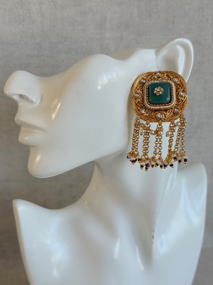 Ayura Designs Gunjal Earrings – Sage Green Chain Drop Studs with Kundan & Bead Detailing