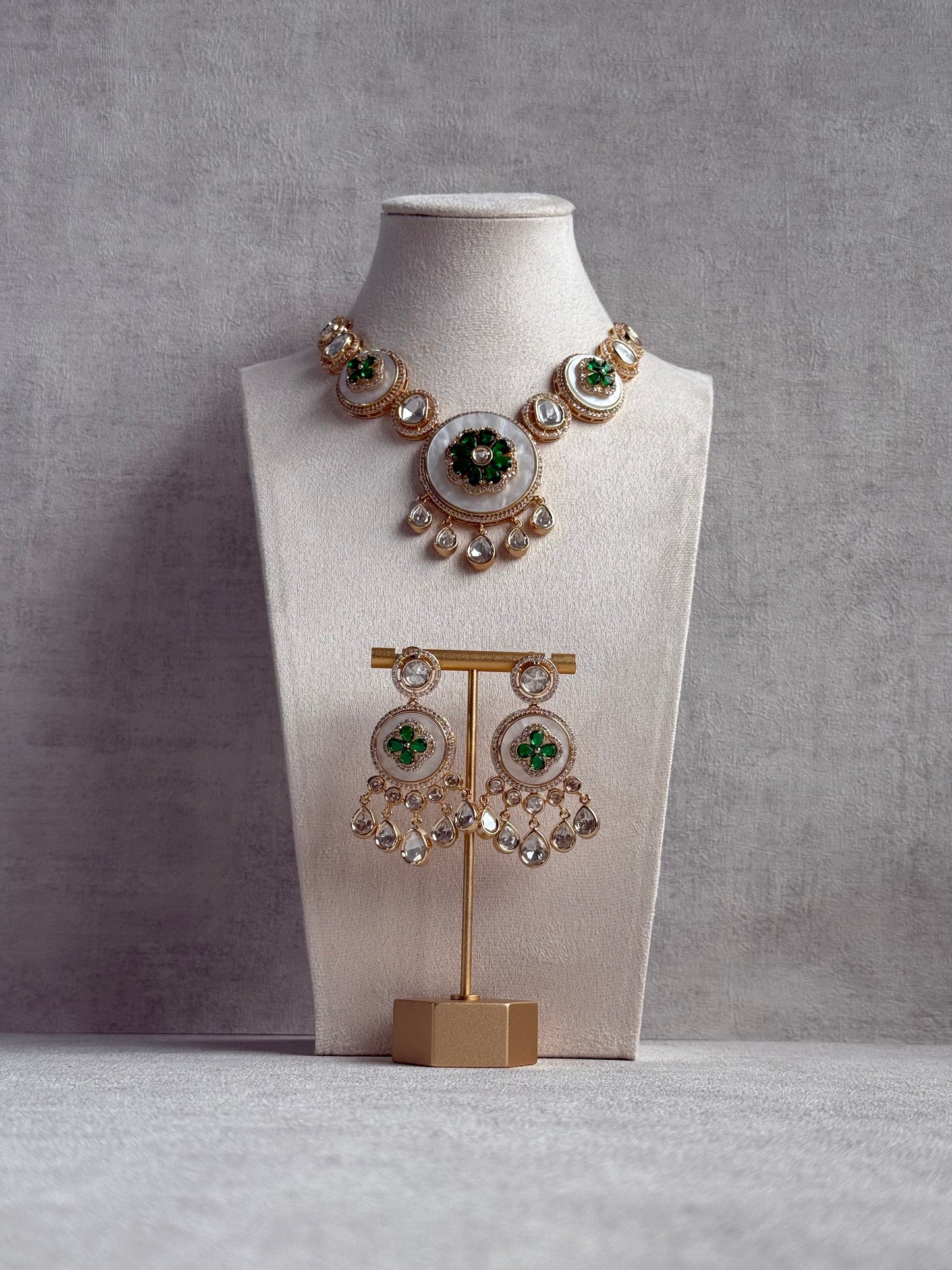 Ayura Designs Wisah Set with Necklace & Earrings – Emerald Green Floral Motifs with Mother of Pearl, Mirror-Cut Stones & Crystal Detailing