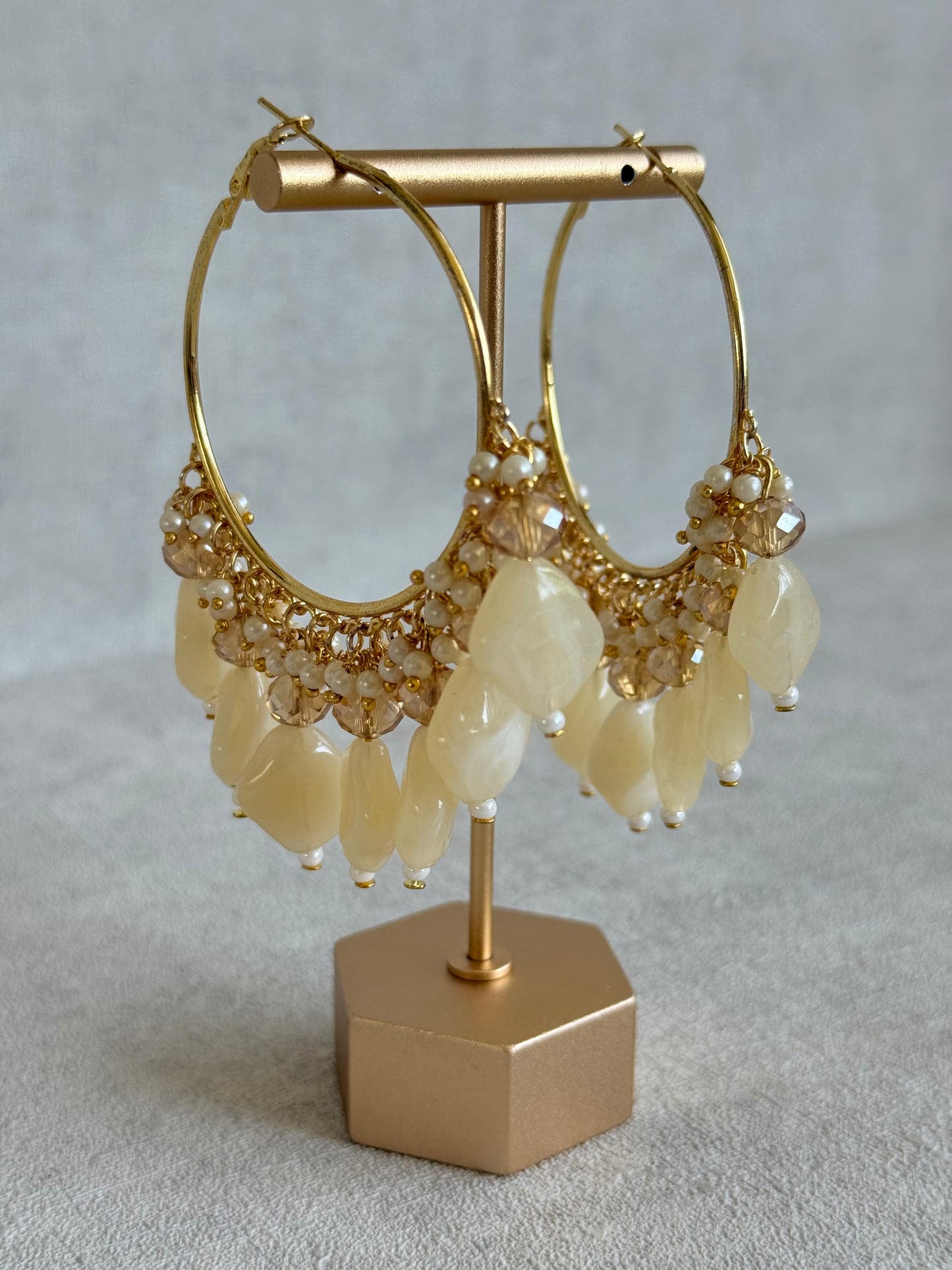 Ayura Designs Heer Balis – Gold Hoops with Ivory Pearl Marble Beads, Pearls & Crystal Detailing