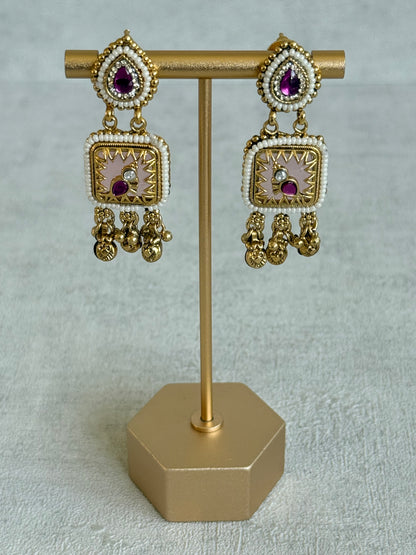 Ayura Designs Inira Drop Earrings – Blush Pink Enamel Bird Earrings with Rani Pink Kundan & Ghungroo Drops