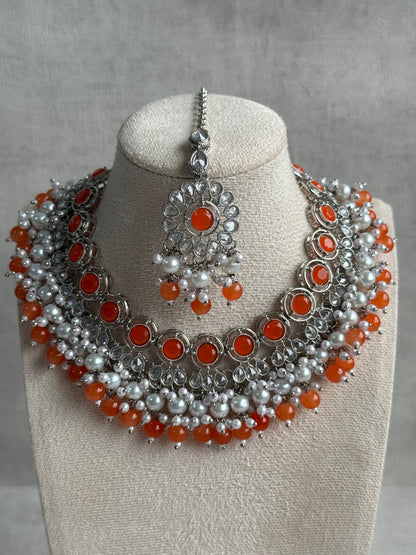 Ayura Designs Barira Set – Necklace, Jhumkis & Tikka with Orange Stones, Pearls & Antique Silver Finish