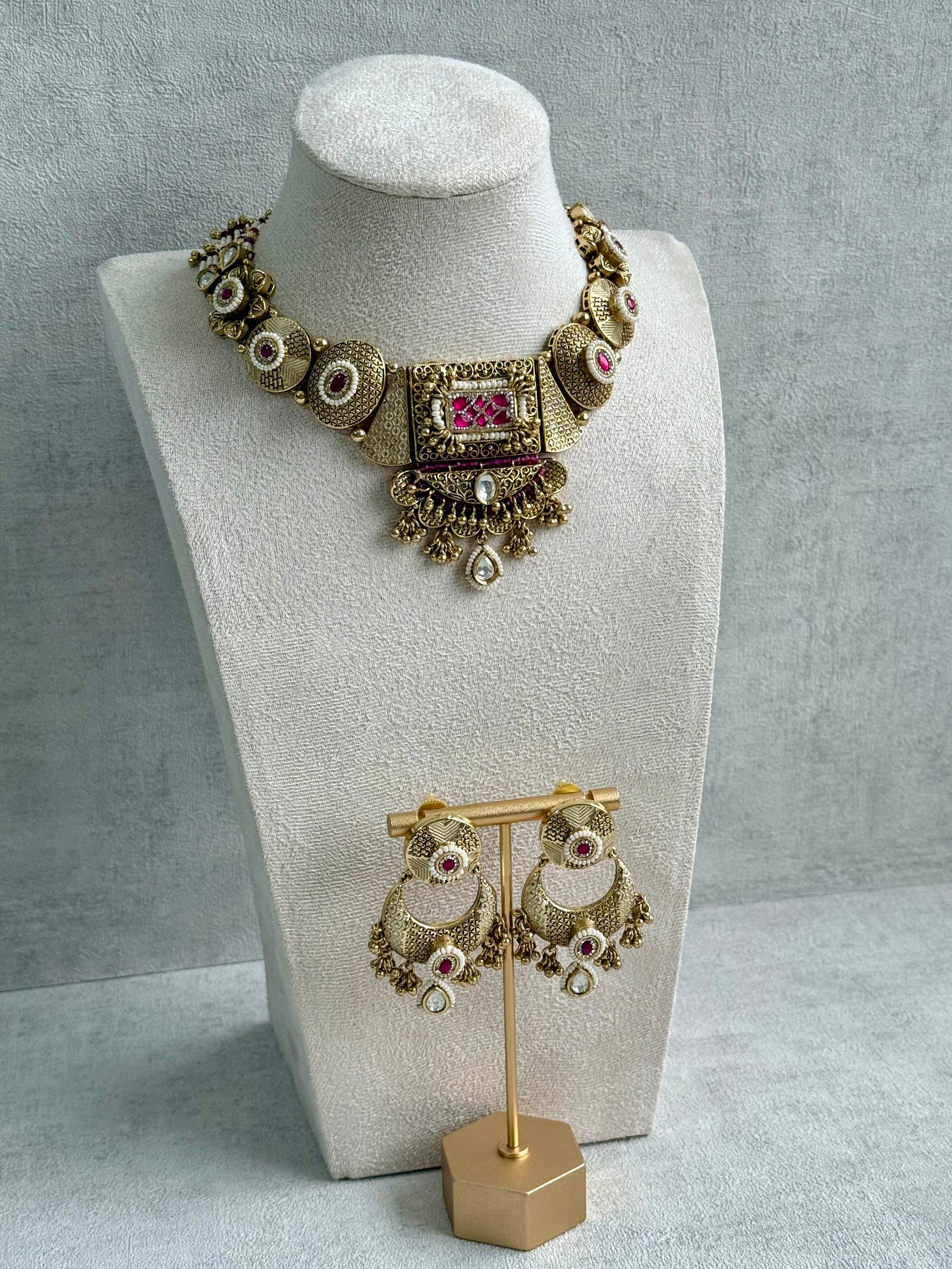 Ayura Designs Purvi Set – Necklace & Earrings with Antique Gold Filigree, Fuchsia Pink & Pearl Detailing