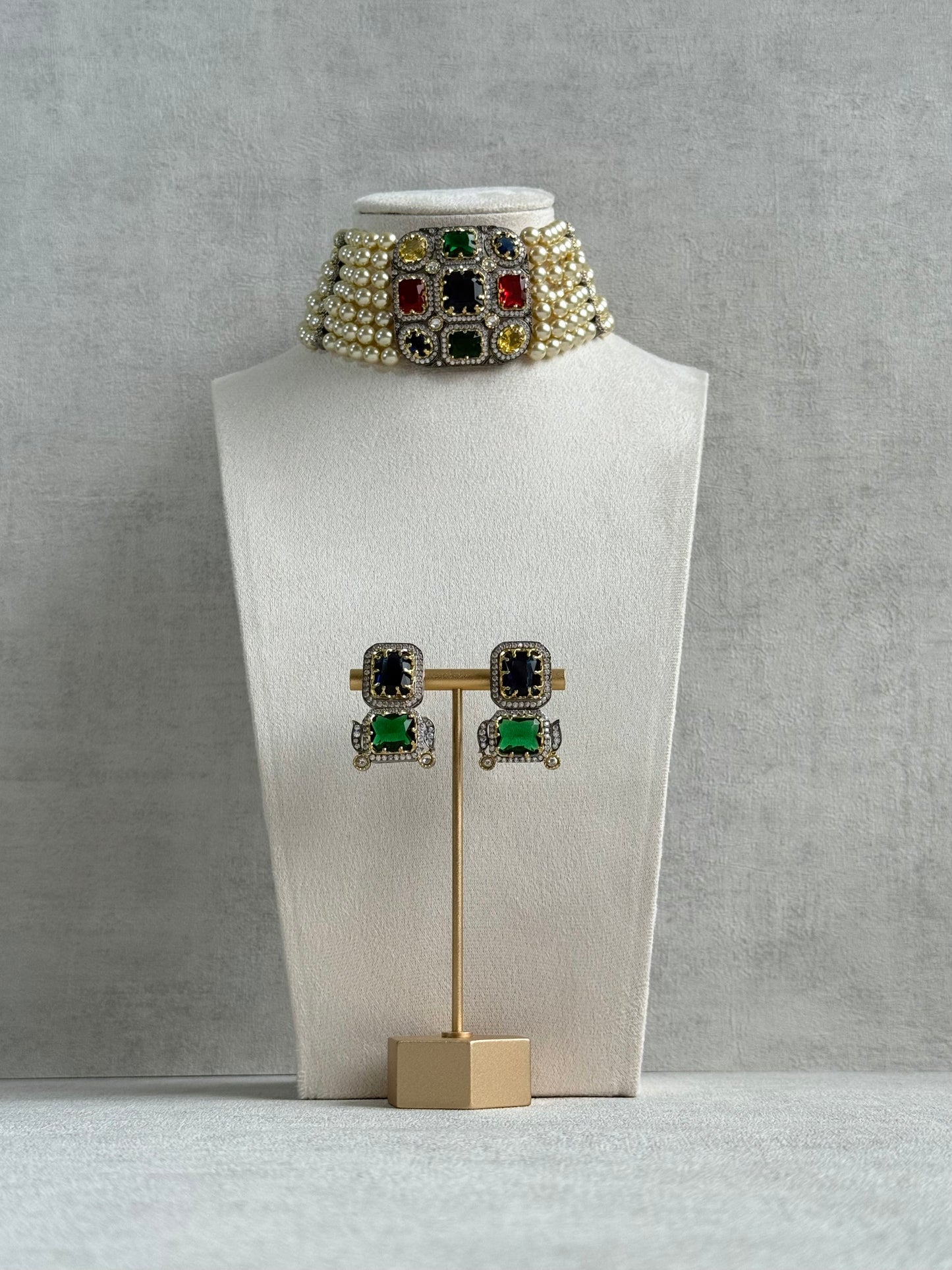 Ayura Designs Amelia Choker Set with Earrings – Moissanite Stonework with Layered Pearls in Antique Silver Finish (Deep Jewel Tones)