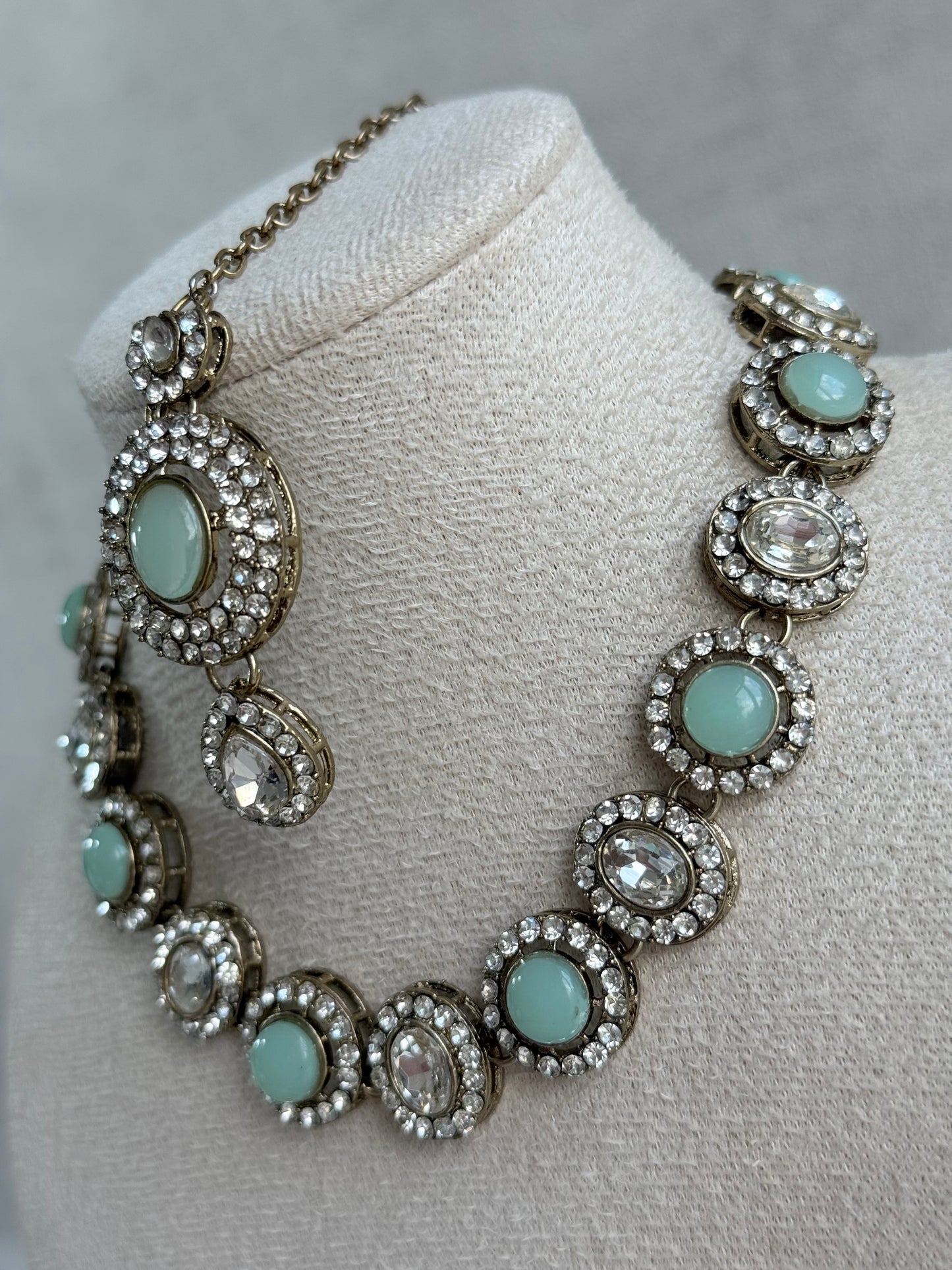 Ayura Designs Eira Necklace Set with Earrings & Tikka – Mint Green & Crystal Stones with Antique Gold Finish