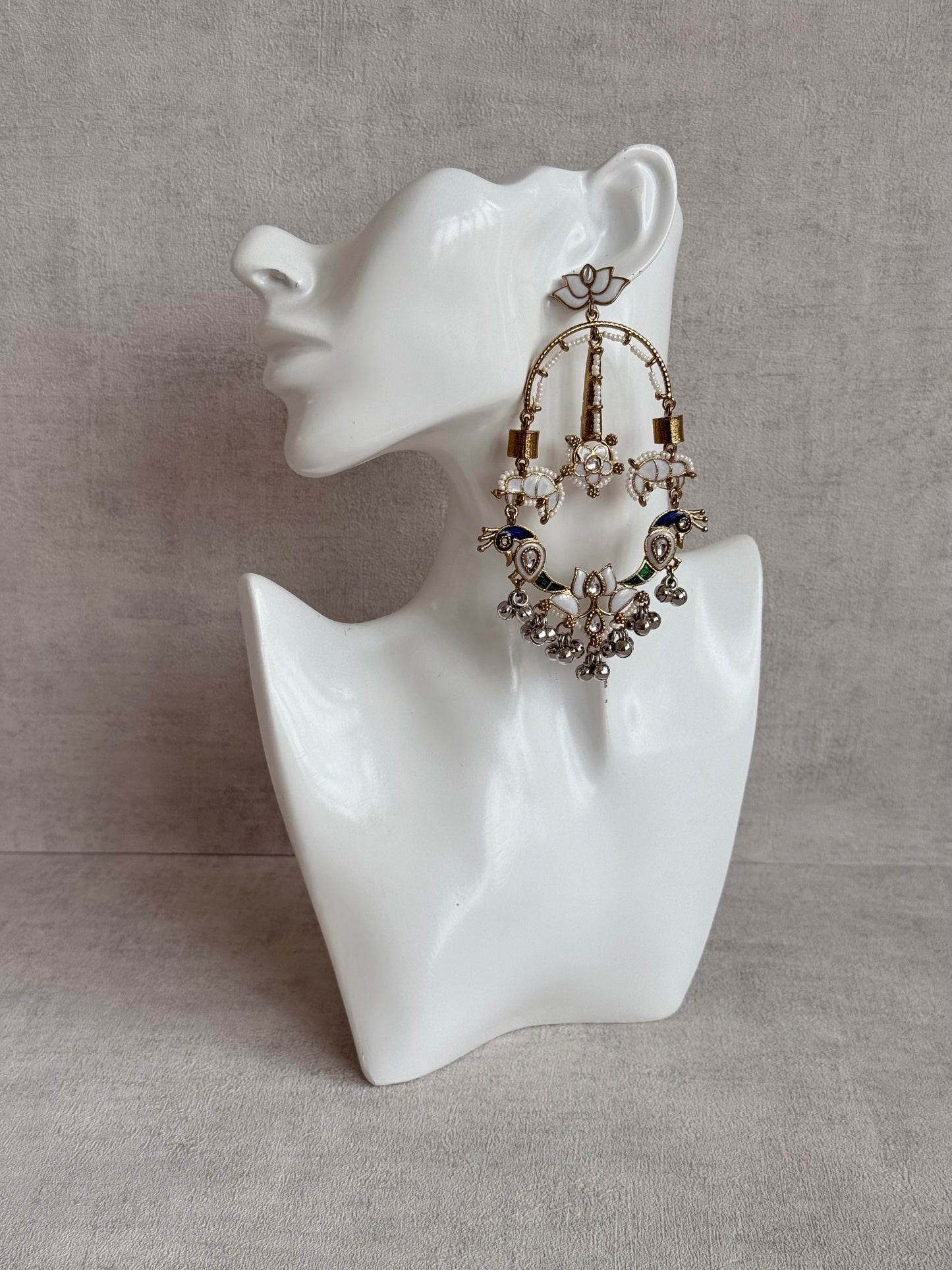 Ayura Designs Zoonpari Earrings – Ivory Pearl, Blue & Green Meenakari Peacock Chandeliers in Dual Tone with Ghungroos