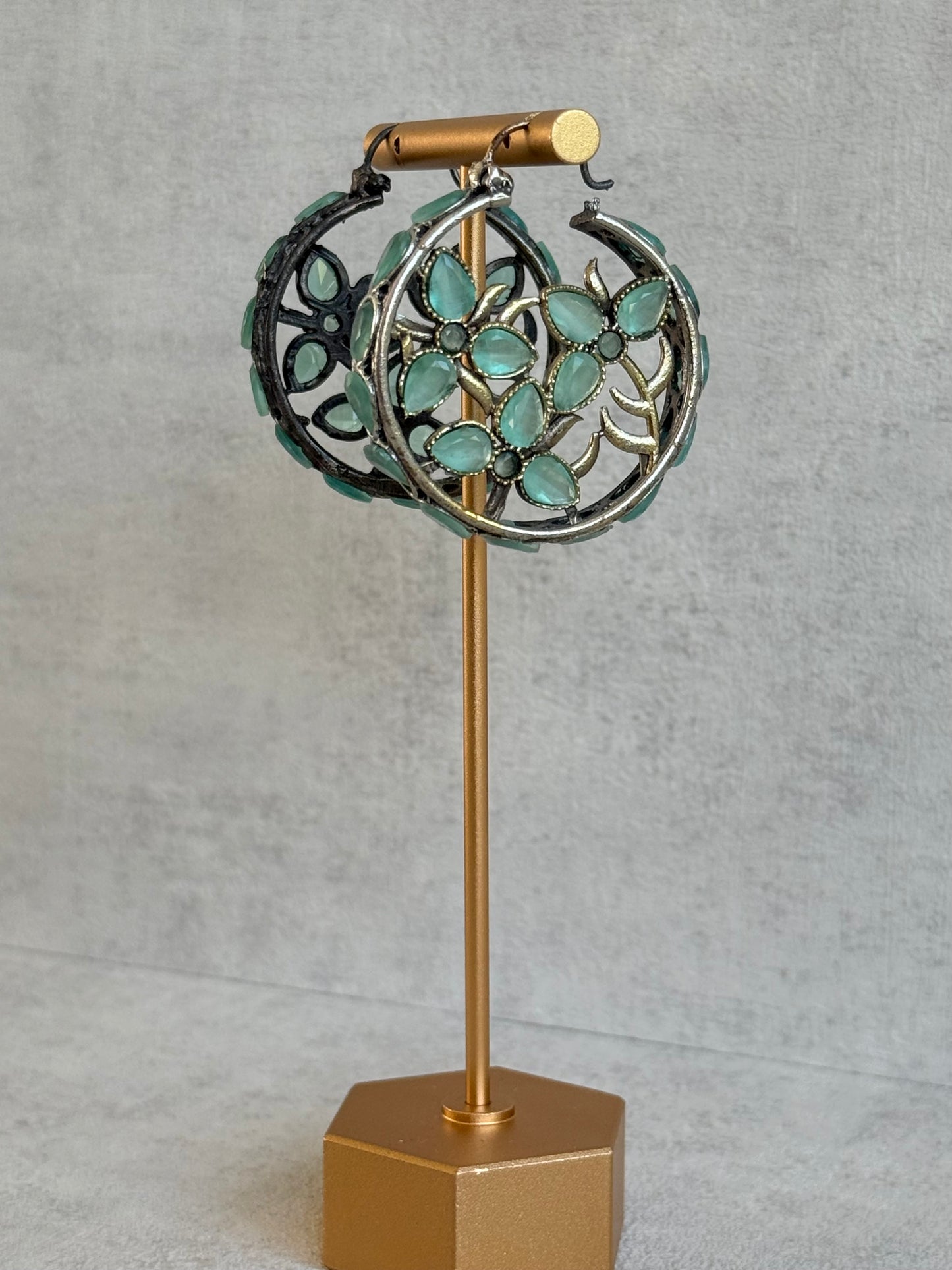 Ayura Designs Nureh Earrings – Dual Tone Floral Hoop Earrings with Mint Green Stones & Cutwork Detailing