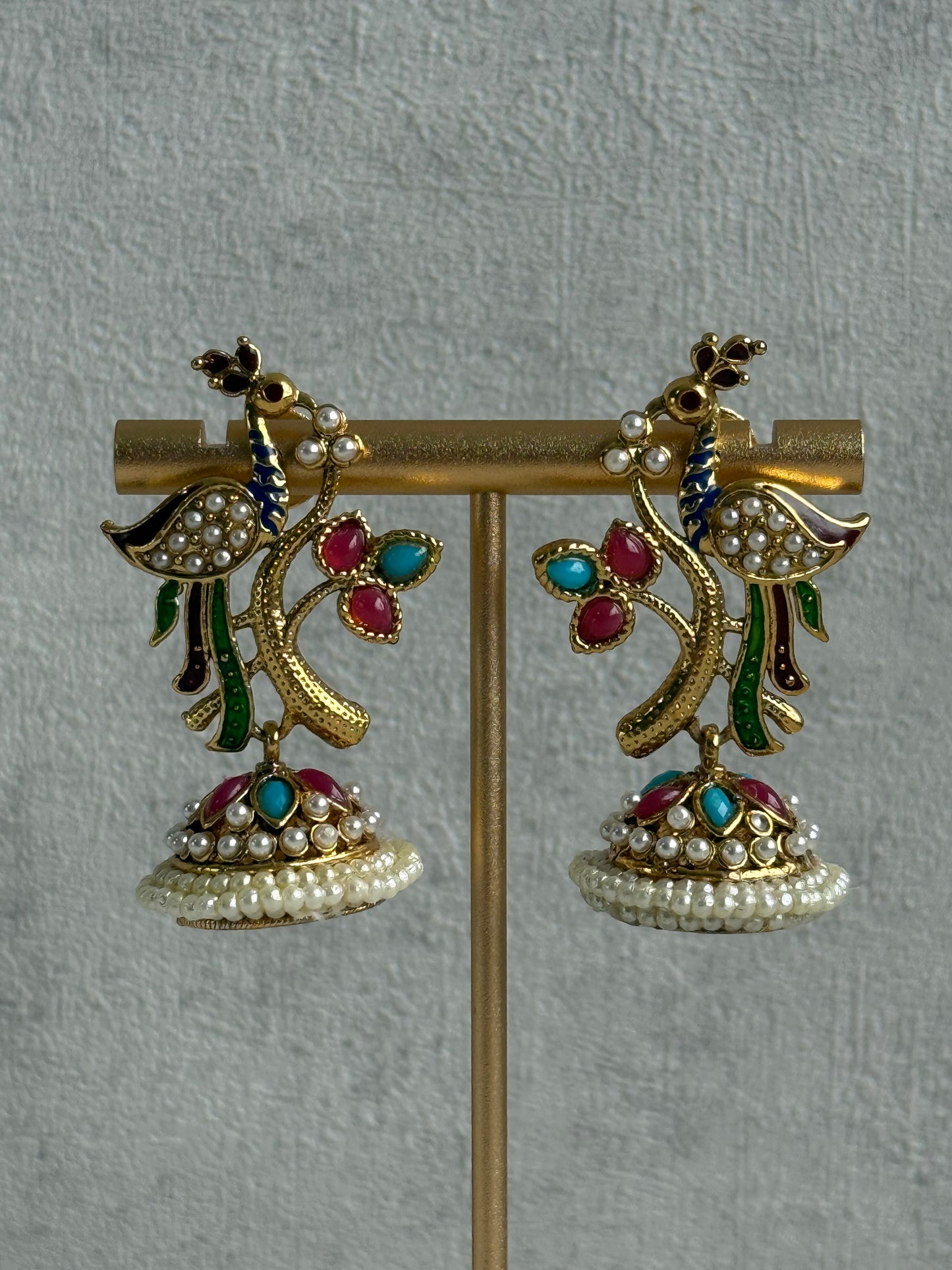 Ayura Designs Mayuri Jhumkis – Gold Peacock Earrings with Multicolour Meenakari & Pearl Detailing