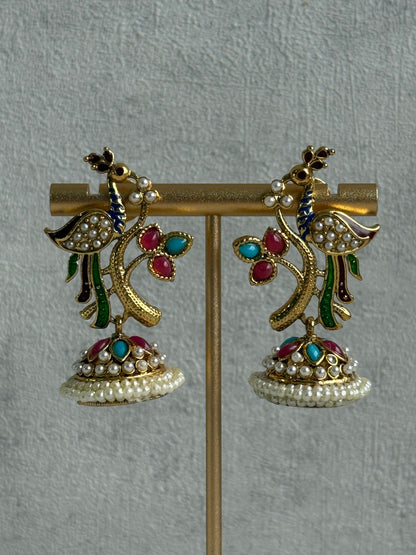 Ayura Designs Mayuri Jhumkis – Gold Peacock Earrings with Multicolour Meenakari & Pearl Detailing