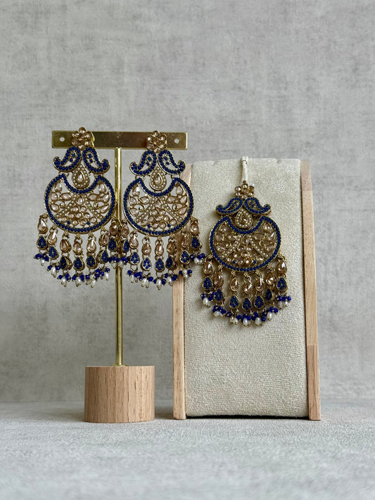 Ayura Designs Anvi Tikka Set with Earrings – Ink Blue with Champagne Stones & Pearl Drops