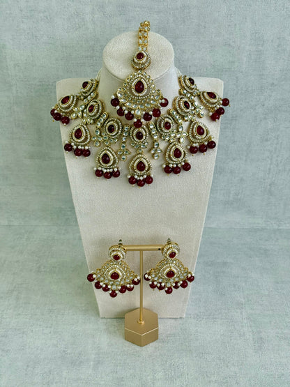 Ayura Designs Janvi Set with Necklace, Earrings & Tikka – Kundan Detailing, Ruby Red Beads & Ivory Pearl Drops