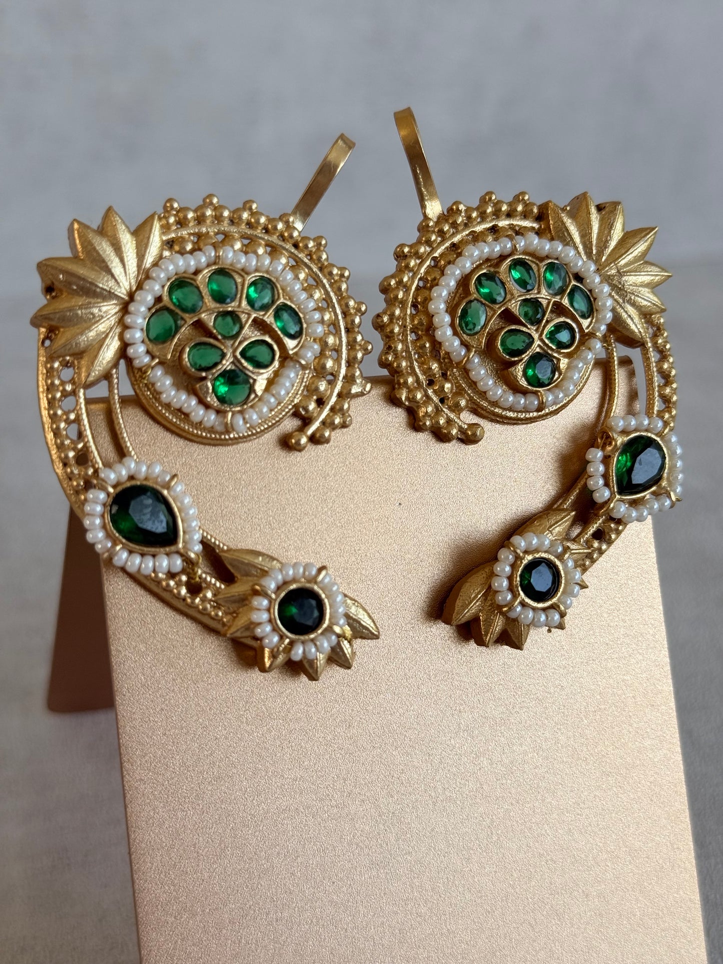 Ayura Designs Raatani Ear Climbers – Emerald Green Ear Climbers with Pearl Detailing & Floral Cutwork Design