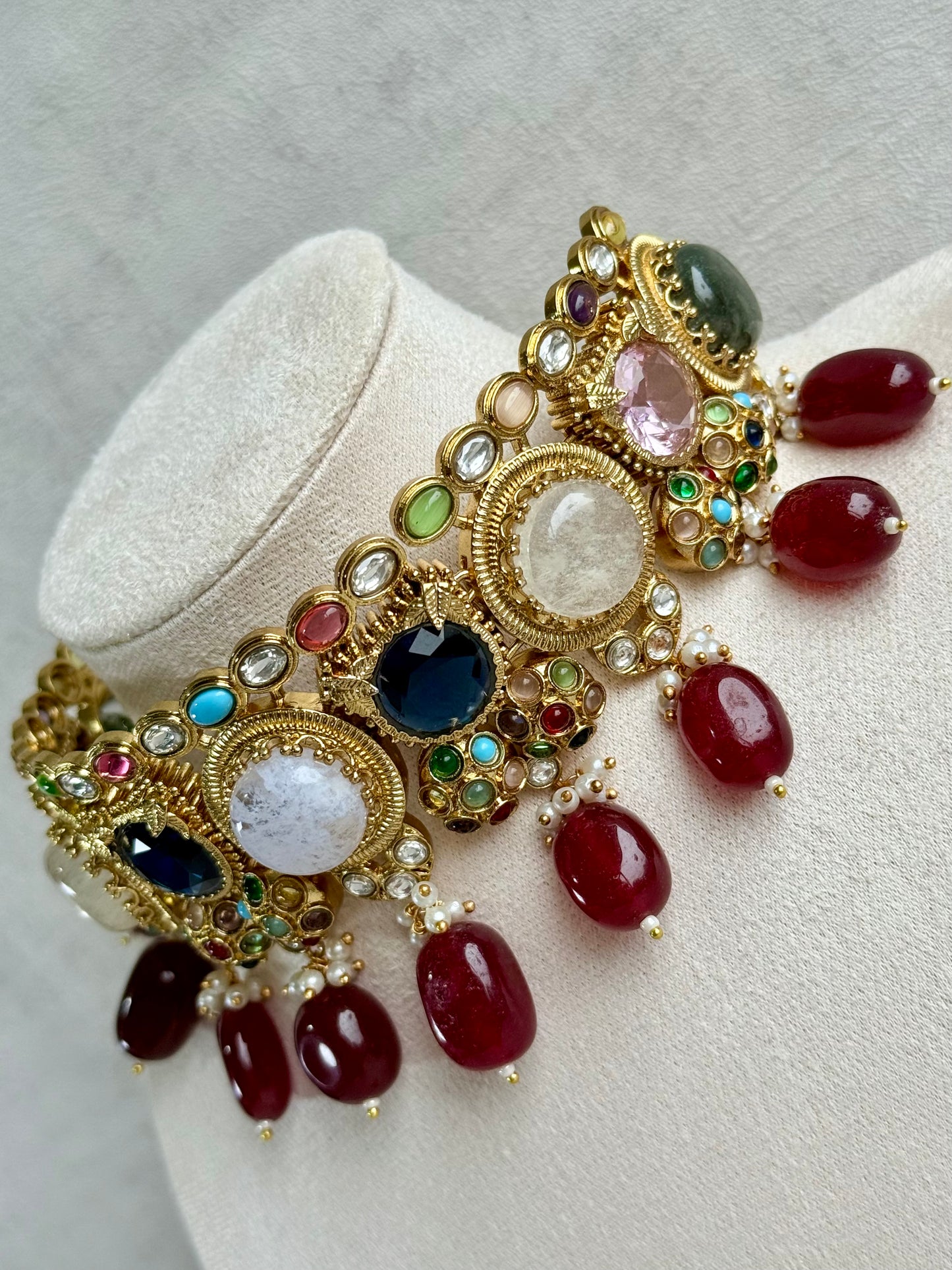 Ayura Designs Dahlia Choker Set with Earrings – Multicolour Stones, Crystal Detailing & Ruby Red Drops