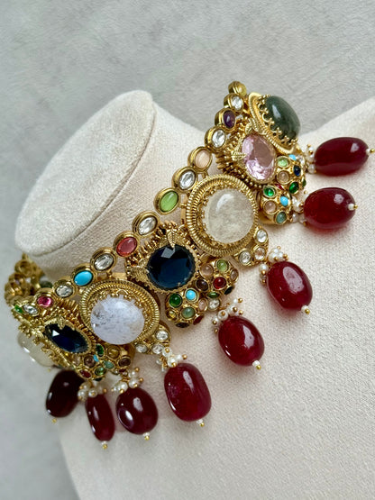 Ayura Designs Dahlia Choker Set with Earrings – Multicolour Stones, Crystal Detailing & Ruby Red Drops