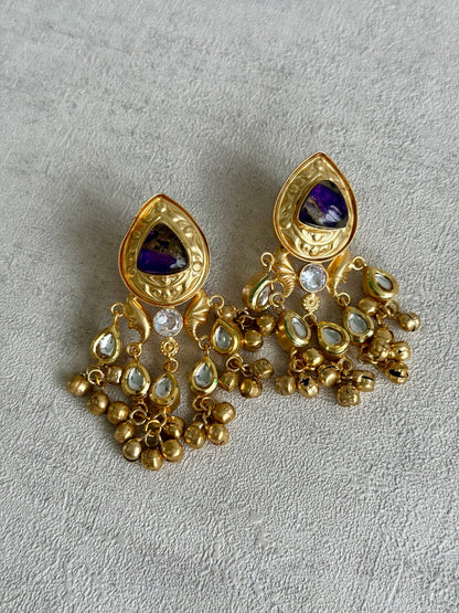 Ayura Designs Arheer Earrings – Violet Marble with Kundan Detailing & Antique Gold Ghungroos