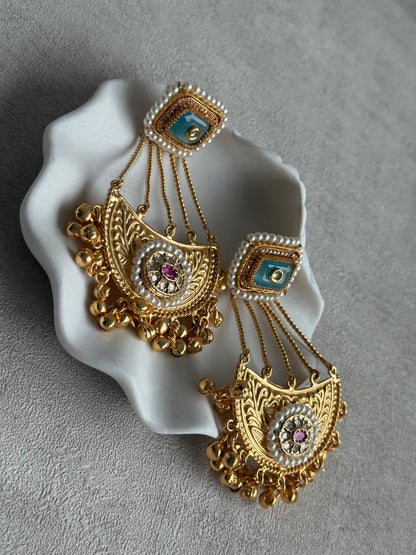Ayura Designs Jheel Earrings – Turquoise Half-Moon Drops with Pearl Edging & Golden Ghungroos