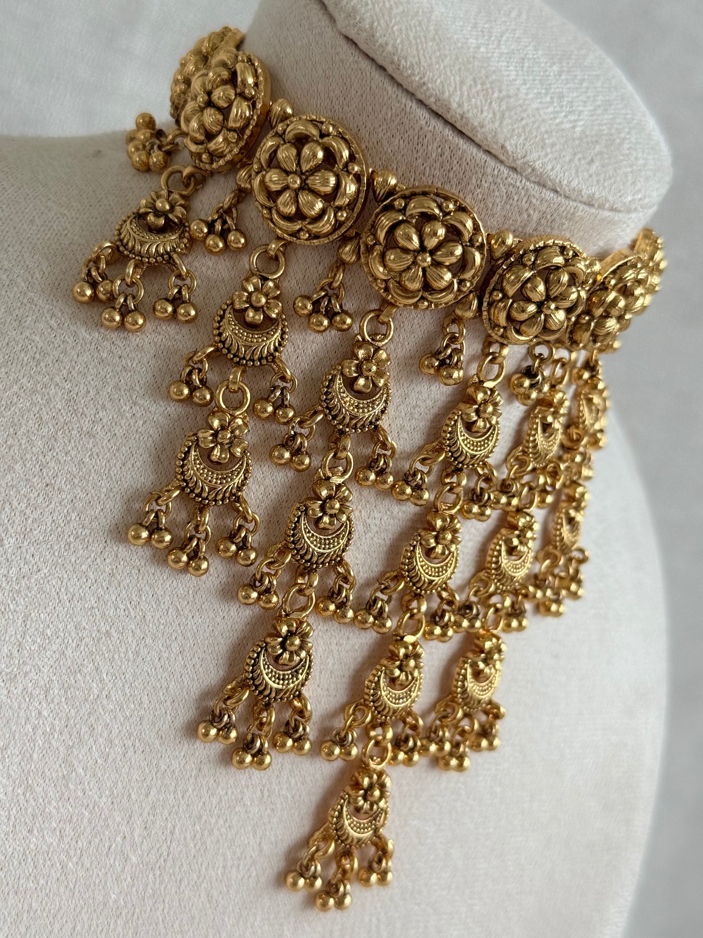 Ayura Designs Kimaya Choker Set with Earrings & Tikka – Gold Floral Waterfall Choker with Ghungroo Drops