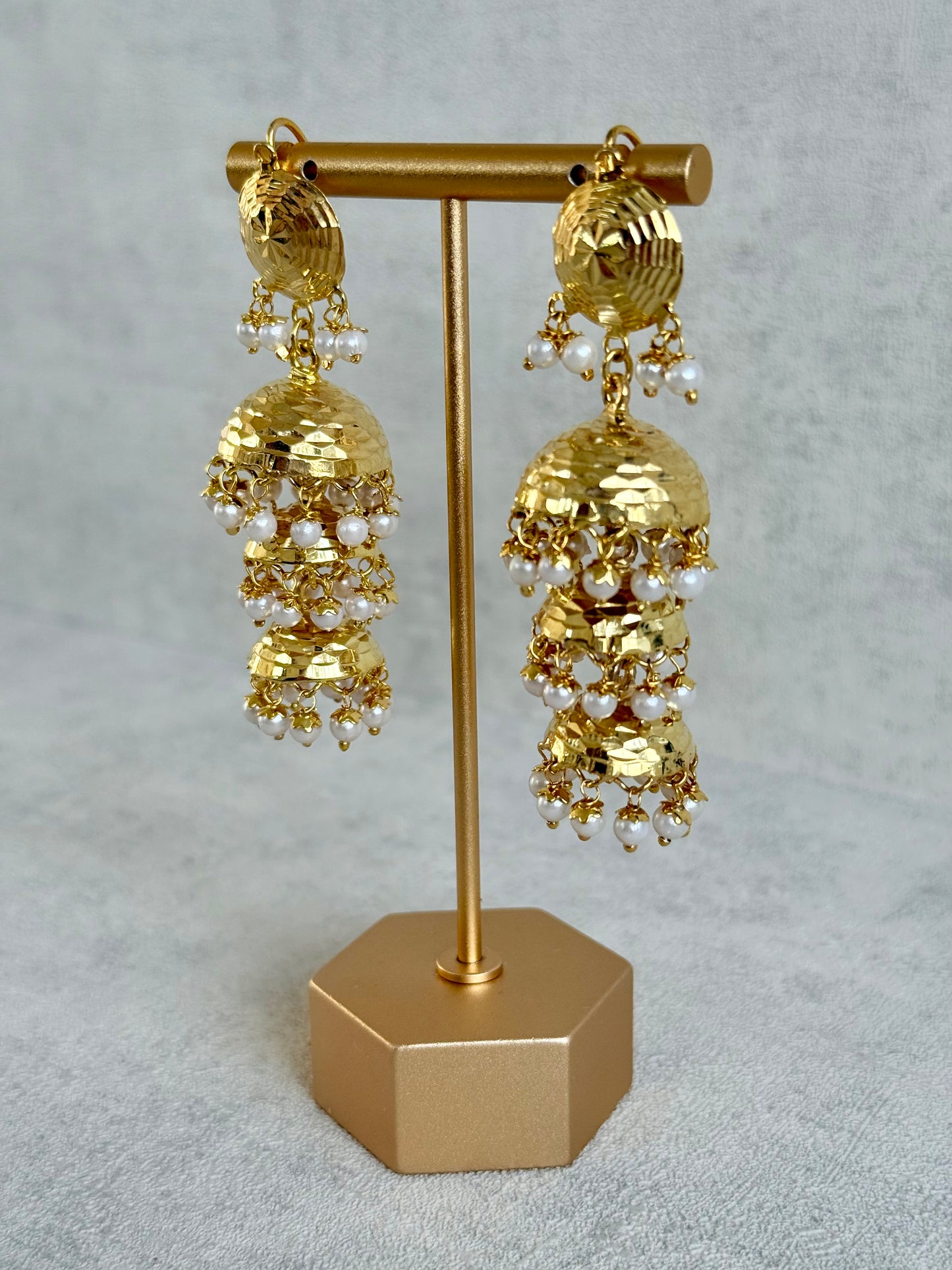 Ayura Designs Noorak Jhumkis – Hammered Gold Layered Jhumkis with Pearl Drop Detailing