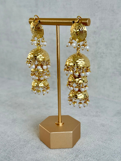 Ayura Designs Noorak Jhumkis – Hammered Gold Layered Jhumkis with Pearl Drop Detailing