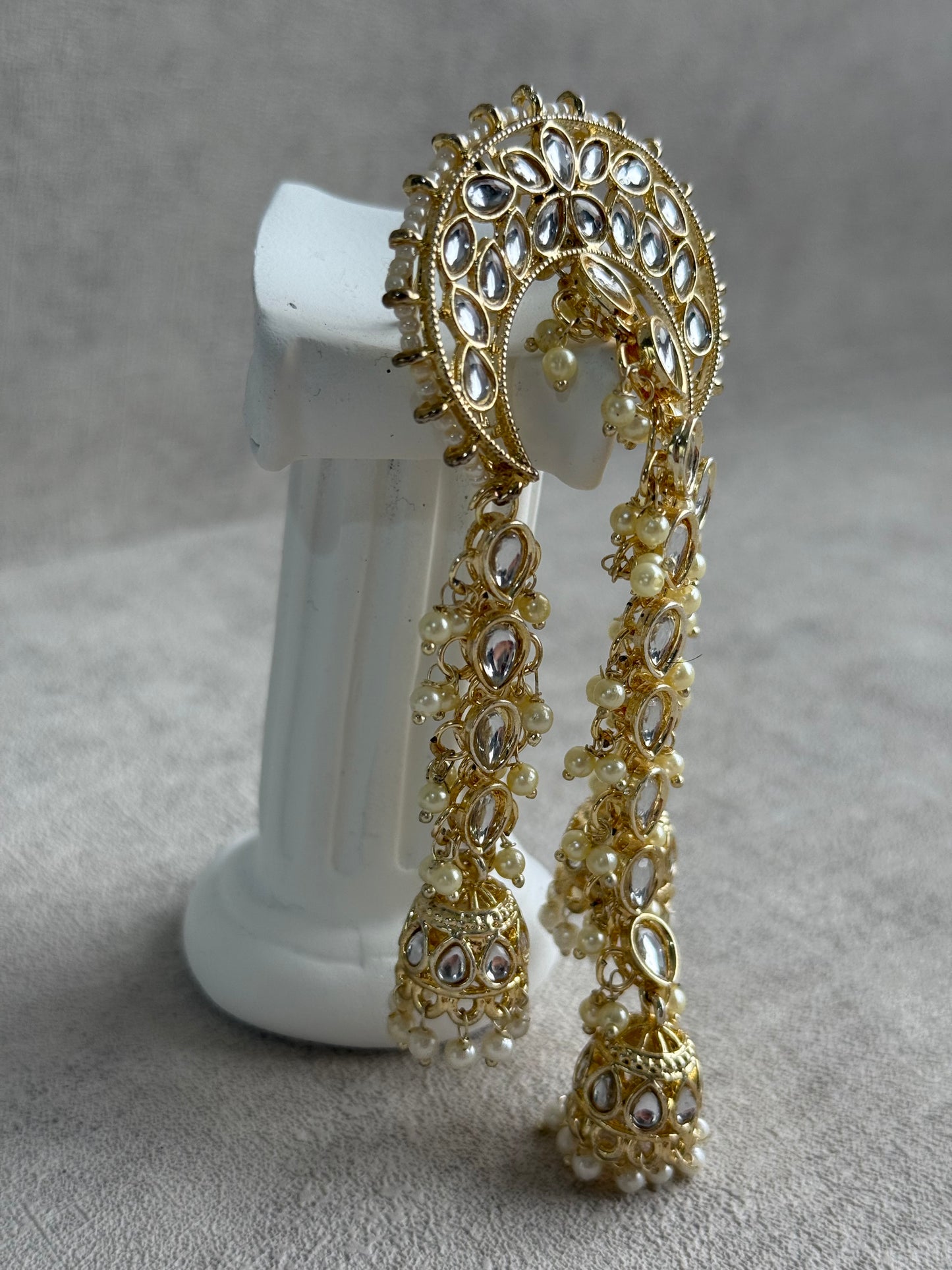 Ayura Designs Enjal Hair Brooch – Crescent Polki Design with Jhumki Tassels & Pearl Detailing