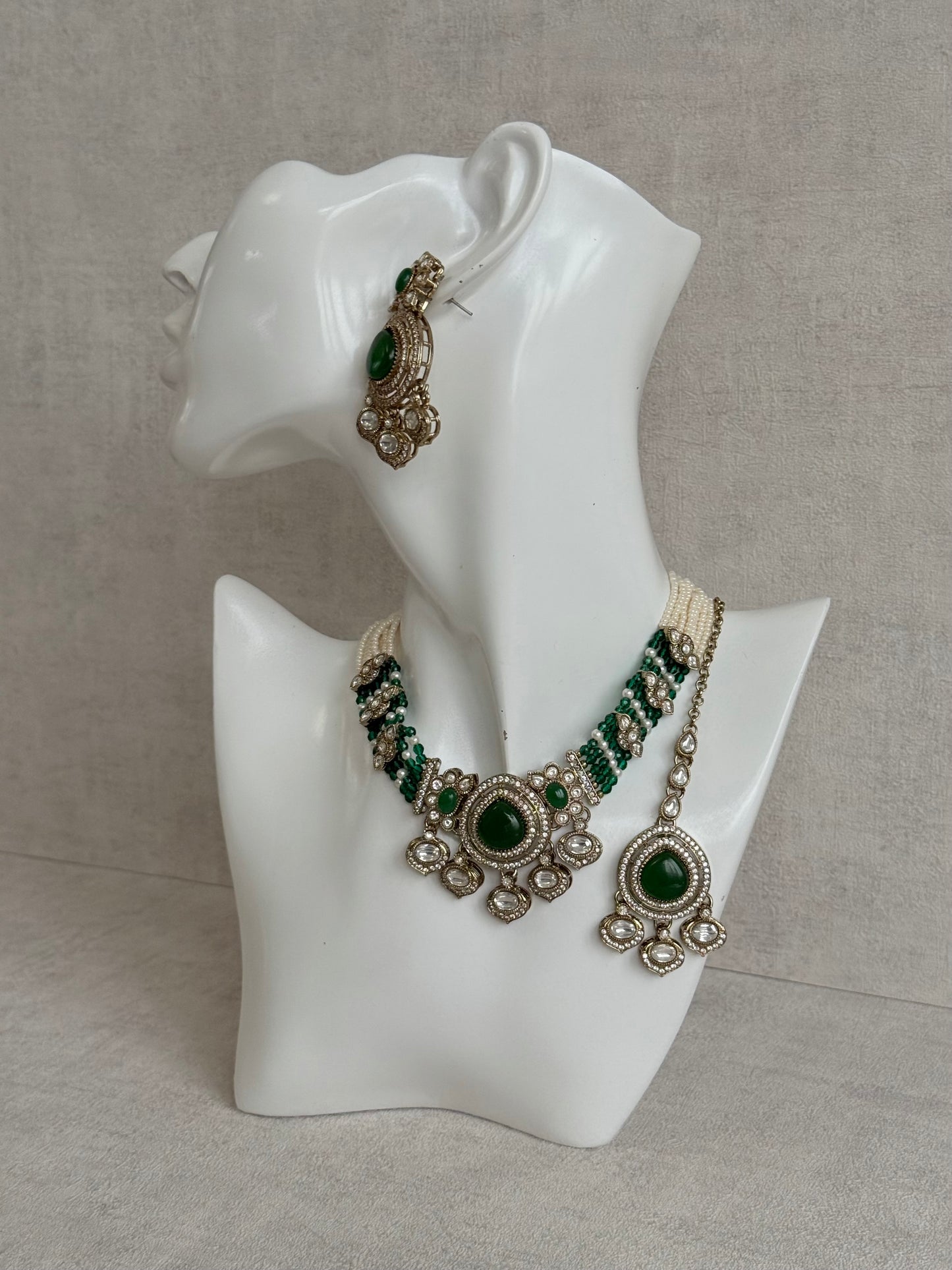 Ayura Designs Rahi Necklace Set with Earrings & Tikka – Emerald Green Stones with Mirror-Cut Detailing & Pearl Strands