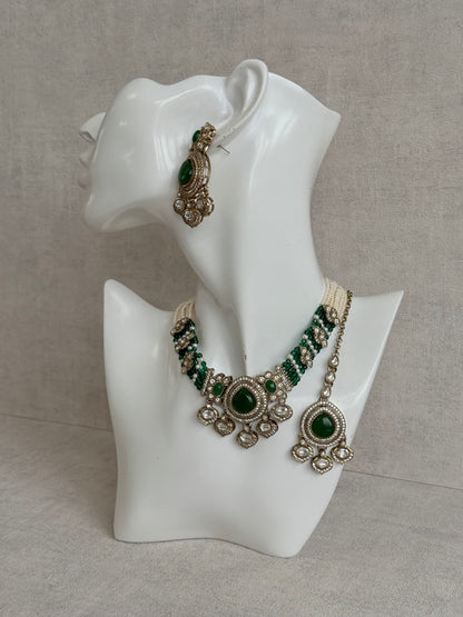 Ayura Designs Rahi Necklace Set with Earrings & Tikka – Emerald Green Stones with Mirror-Cut Detailing & Pearl Strands