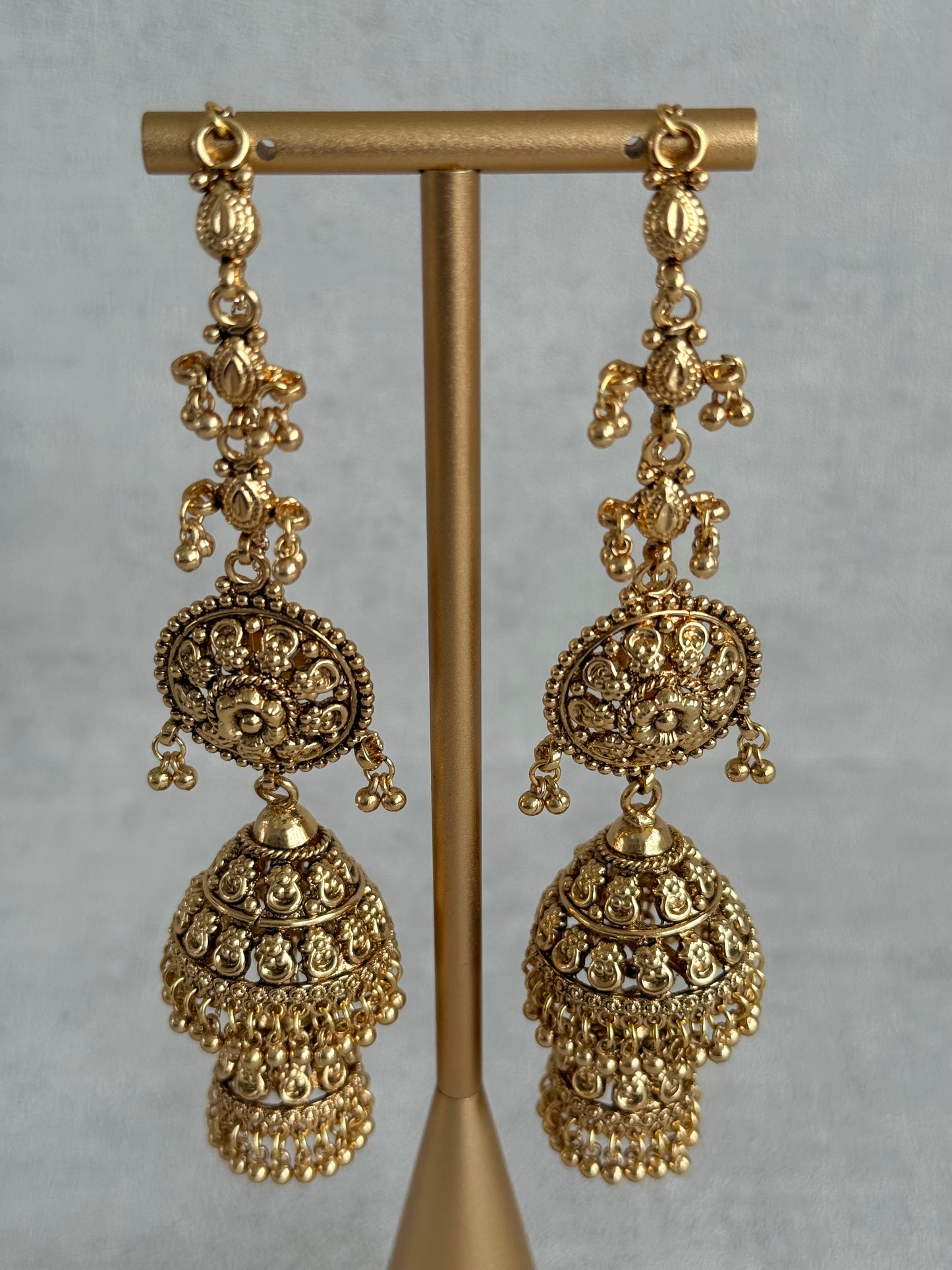 Ayura Designs Chhavi Sahare Jhumkis – Antique Gold Finish with Double Dome Design