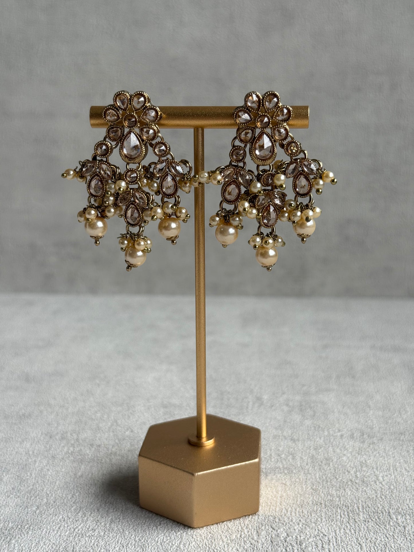 Ayura Designs Rameen Set – Necklace, Earrings & Tikka with Champagne Stones, Ivory Pearls & Antique Gold Finish