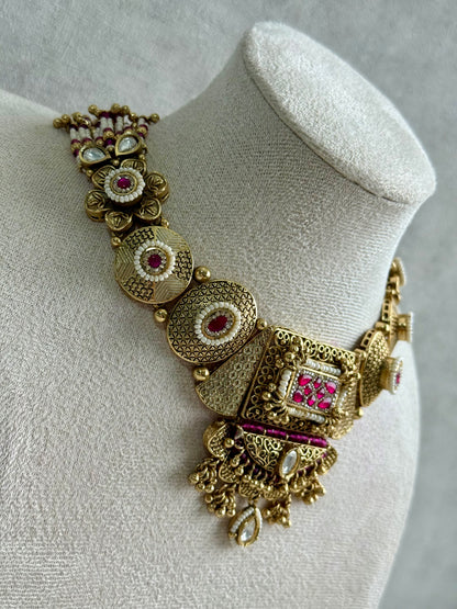 Ayura Designs Purvi Set – Necklace & Earrings with Antique Gold Filigree, Fuchsia Pink & Pearl Detailing