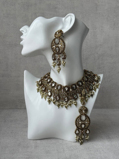 Ayura Designs Nimra Set with Earrings & Tikka – Mirror-Cut Polki, Olive Green Beads & Antique Gold Finish