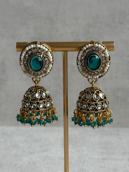 Ayura Designs Muskaan Set – Choker, Jhumkis & Tikka with Peacock Blue Beads, Kundan Stones & Antique Gold Finish