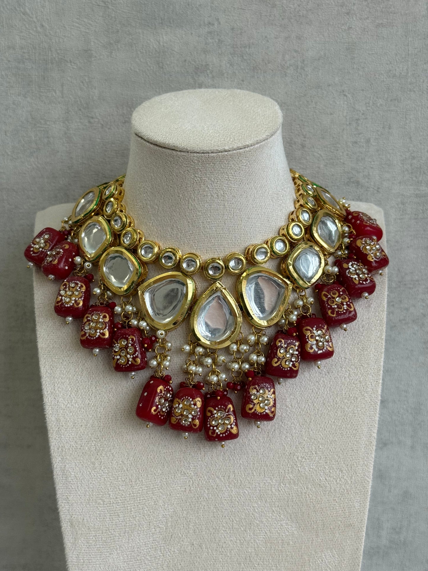 Ayura Designs Omika Set With Necklace And Earrings – Kundan Stones And Ruby Red Meenakari Drops