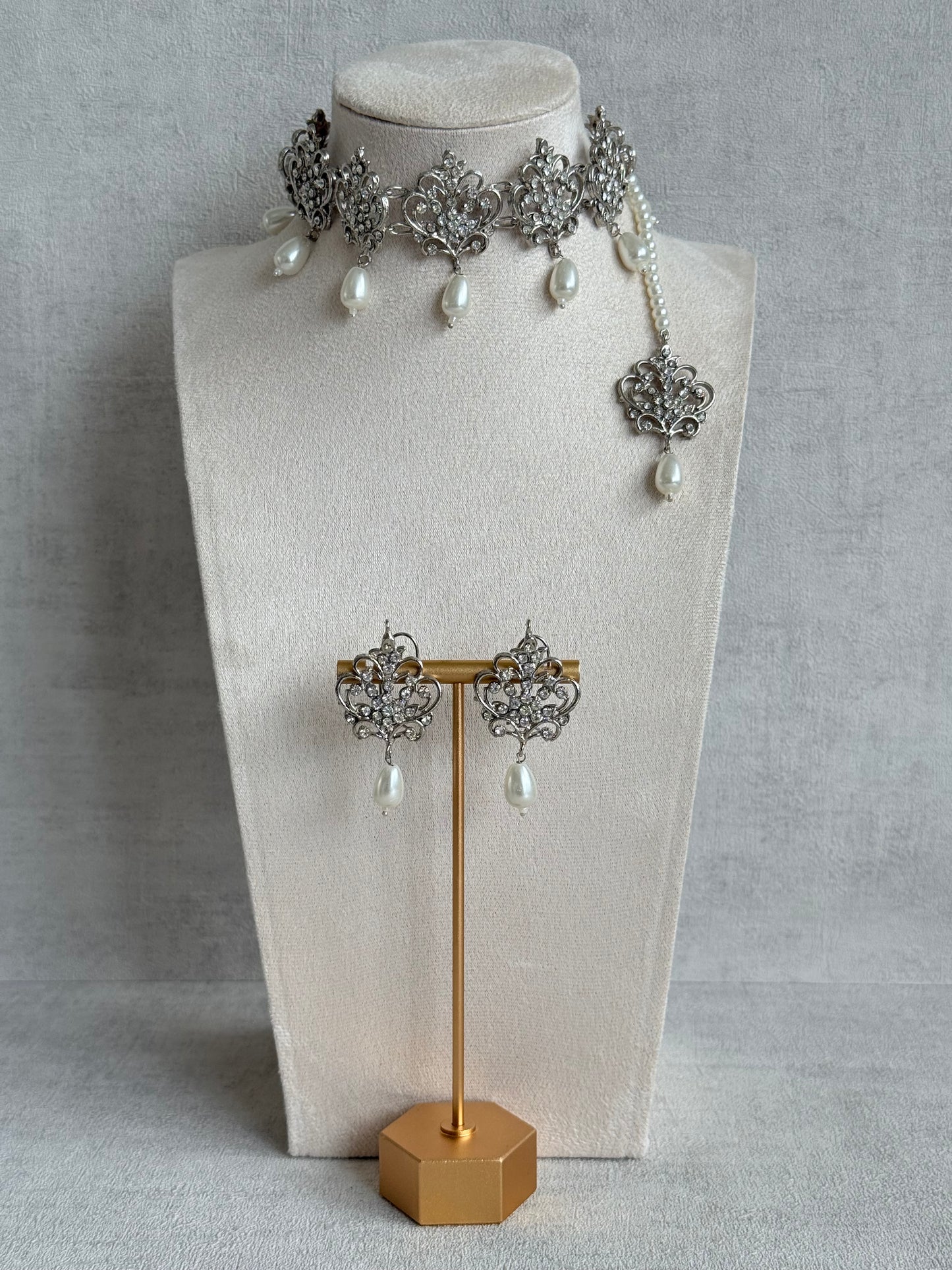 Ayura Designs Alina Choker Set with Earrings & Tikka – Silver Crystal Floral Choker with Pearl Drops