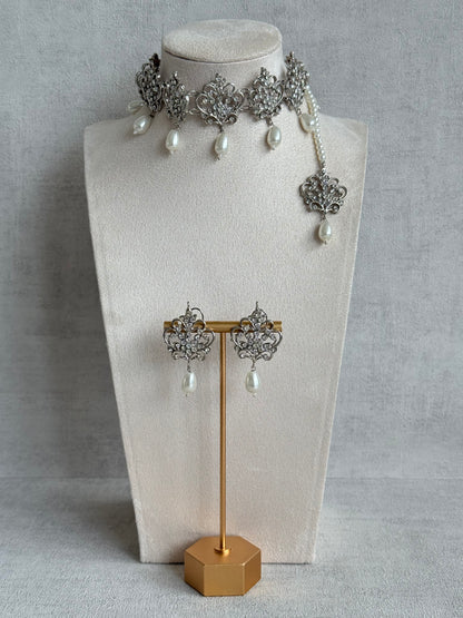 Ayura Designs Alina Choker Set with Earrings & Tikka – Silver Crystal Floral Choker with Pearl Drops