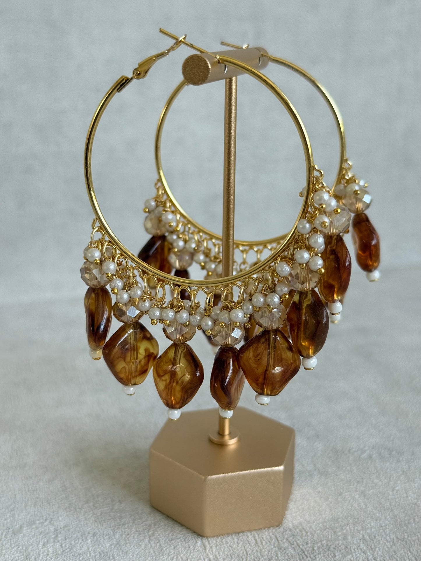 Ayura Designs Heer Balis – Gold Hoops with Smokey Amber Marble Beads, Pearls & Crystal Detailing