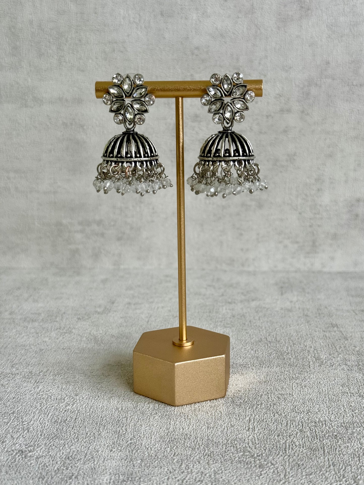 Ayura Designs Syra Jhumkis – Mirror-Cut Stone Tops, Crystal Drop Fringe & Oxidised Silver Finish