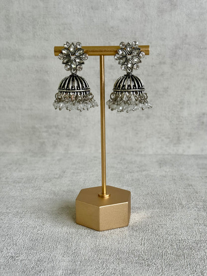Ayura Designs Syra Jhumkis – Mirror-Cut Stone Tops, Crystal Drop Fringe & Oxidised Silver Finish