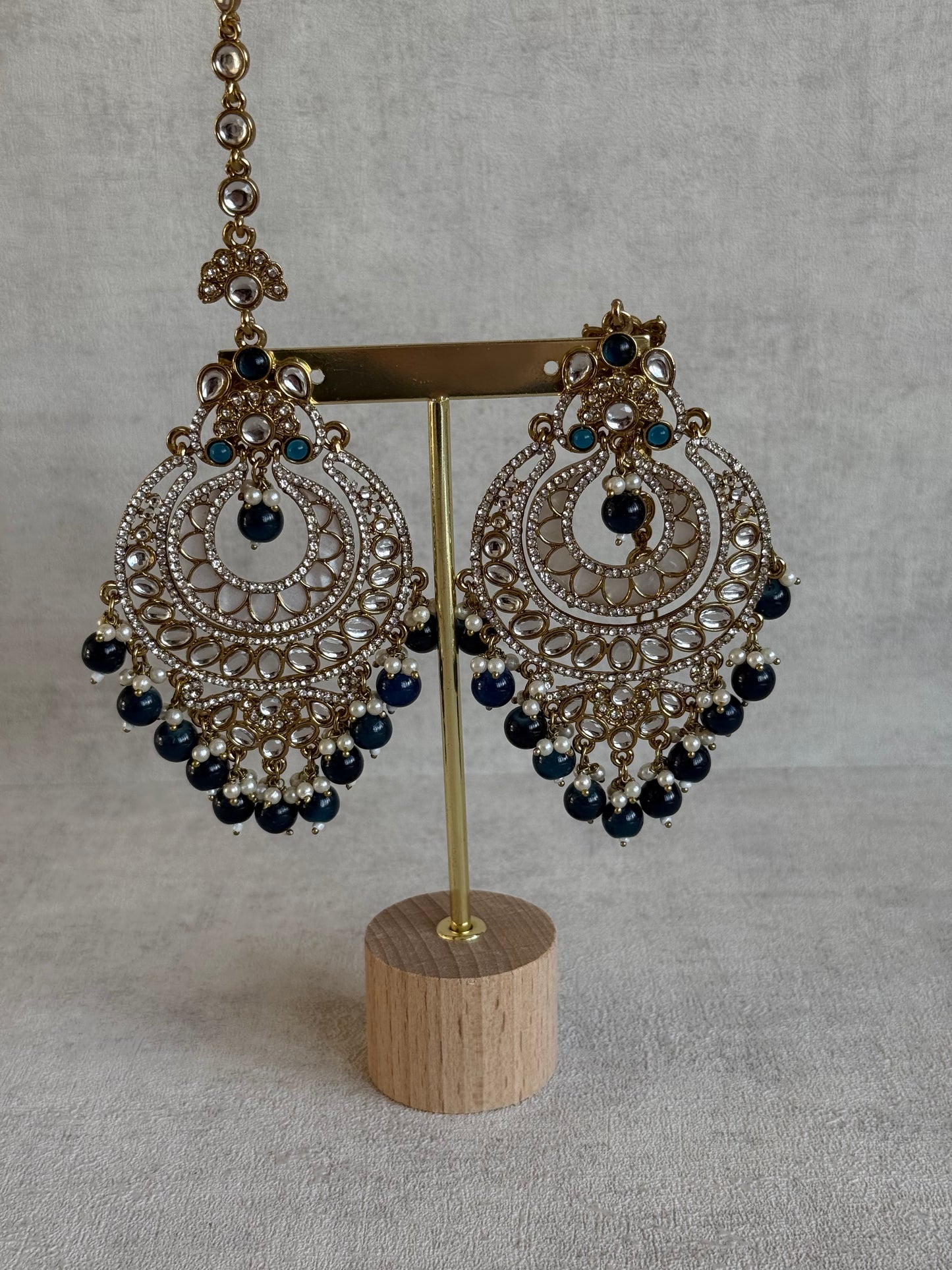 Ayura Designs Rabia Chandbalis – Antique Gold Kundan Earrings with Midnight Blue Beads, Pearls & Attached Sahare