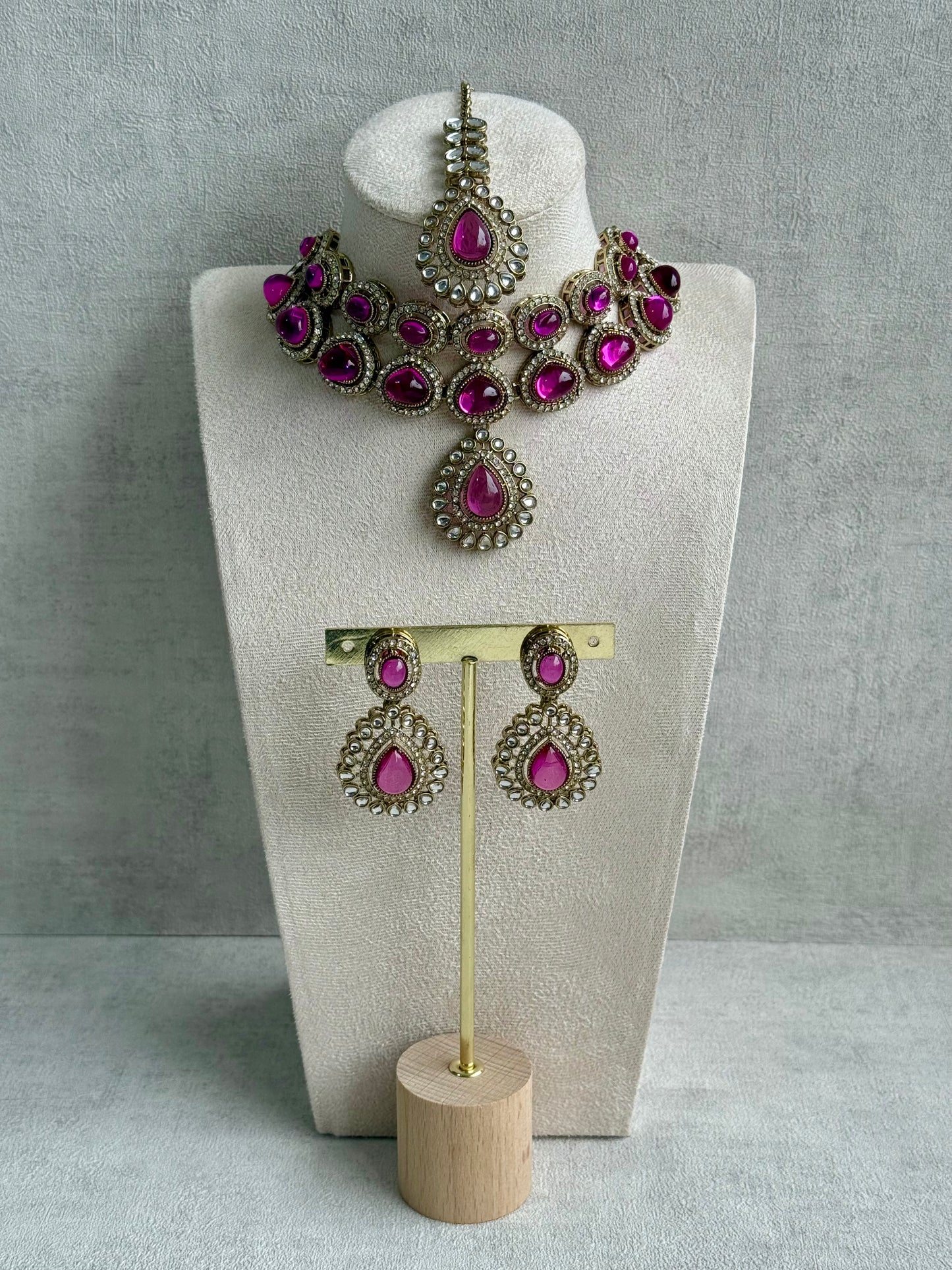Ayura Designs Tamara Set with Necklace, Earrings & Tikka – Fuchsia Stones, Kundan Borders & Antique Gold Finish