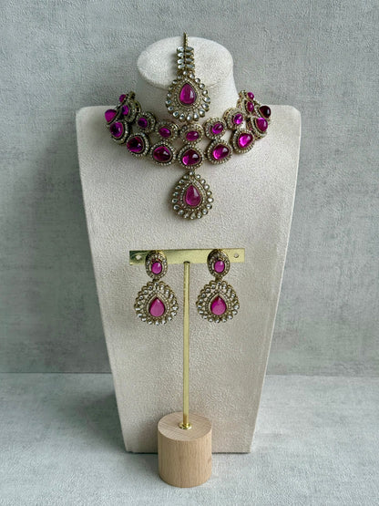 Ayura Designs Tamara Set with Necklace, Earrings & Tikka – Fuchsia Stones, Kundan Borders & Antique Gold Finish