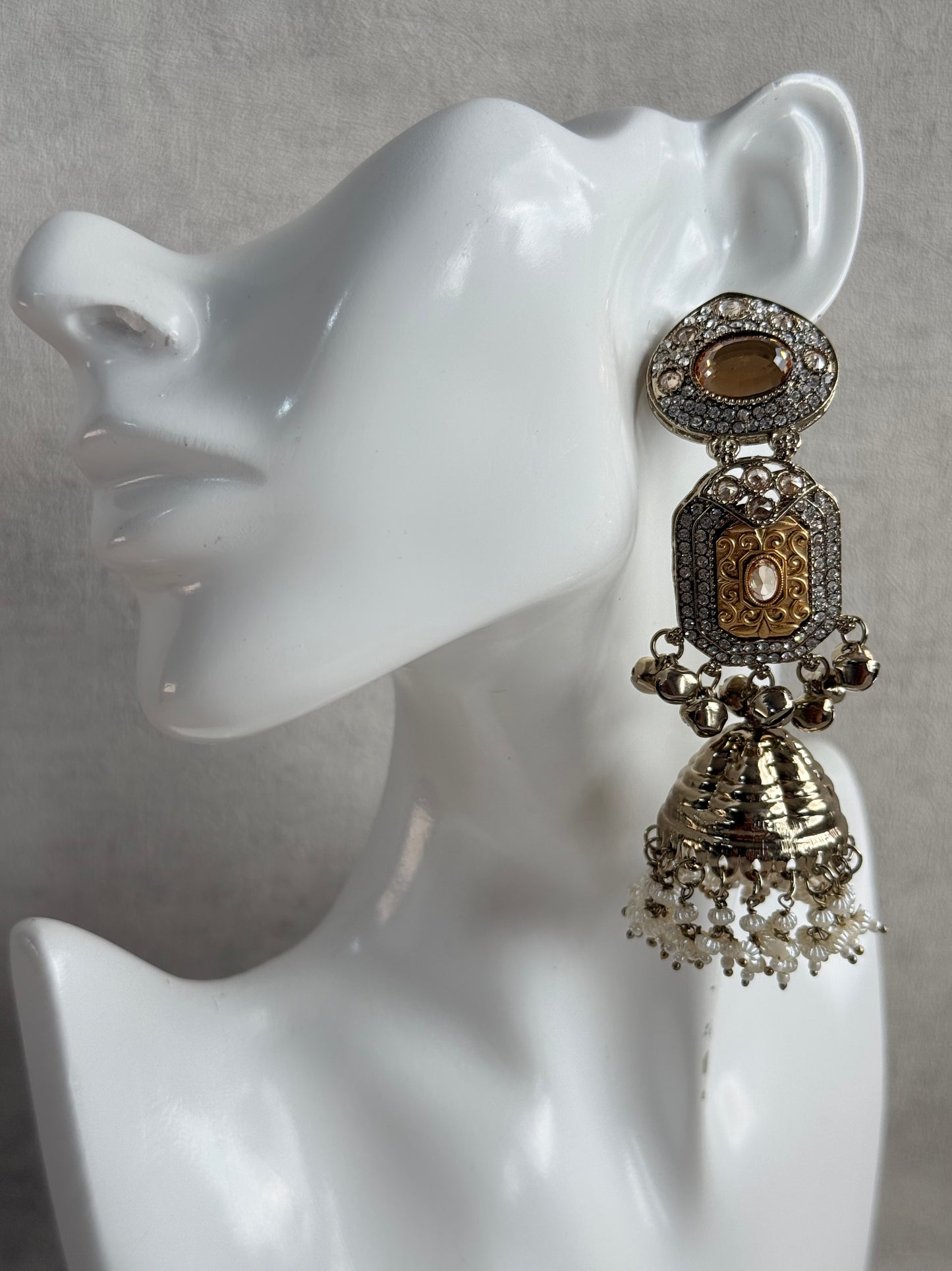 Ayura Designs Maara Jhumkis – Champagne Gold with Champagne Stones, Crystals, Ghungroos & Pearl Detailing