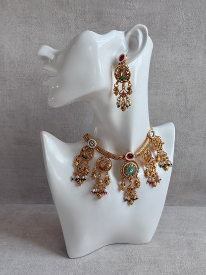 Ayura Designs Parchhai Necklace Set with Earrings – Mint Green, Ruby Red & Emerald Green Stones, Bird Motifs & Pearl Detailing