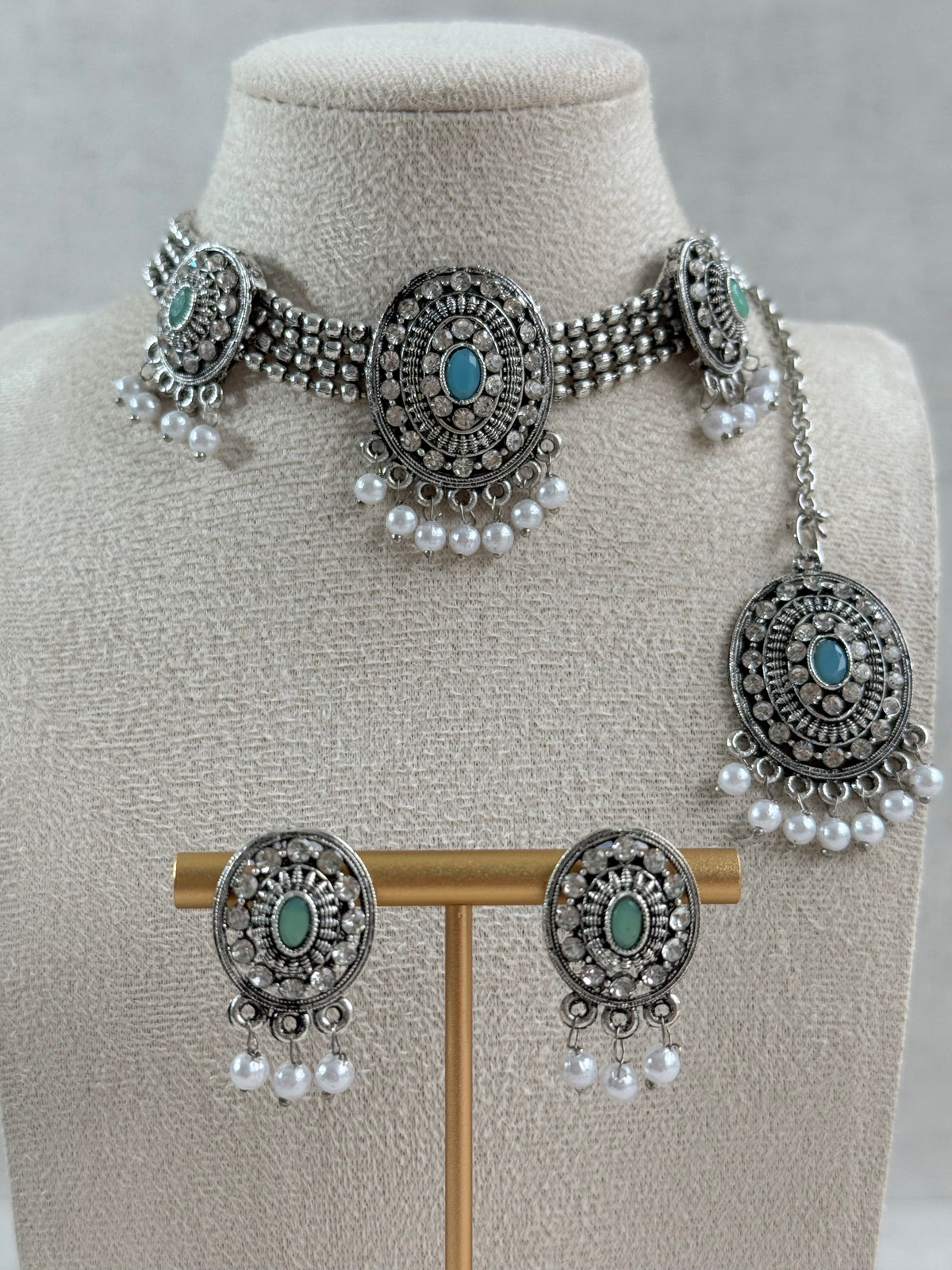 Ayura Designs Gauri Choker Necklace Set with Earrings & Tikka – Mint Green, Turquoise Blue & Crystal Stones with Oxidised Silver Finish