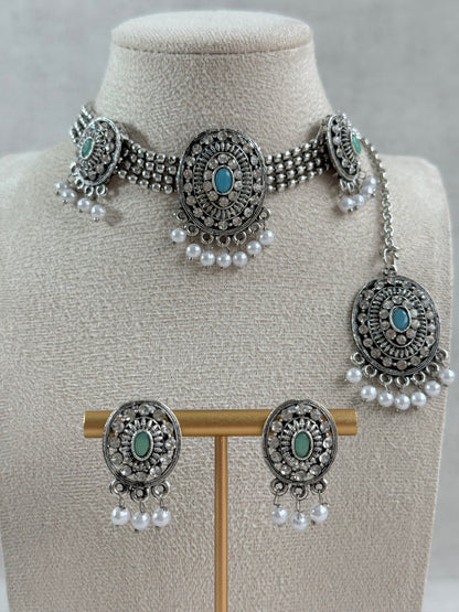 Ayura Designs Gauri Choker Necklace Set with Earrings & Tikka – Mint Green, Turquoise Blue & Crystal Stones with Oxidised Silver Finish