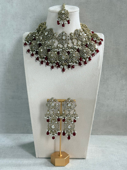 Ayura Designs Fazal Set with Necklace, Earrings & Tikka – Ruby Red Drops, Pearl Detailing & Moissanite Stonework