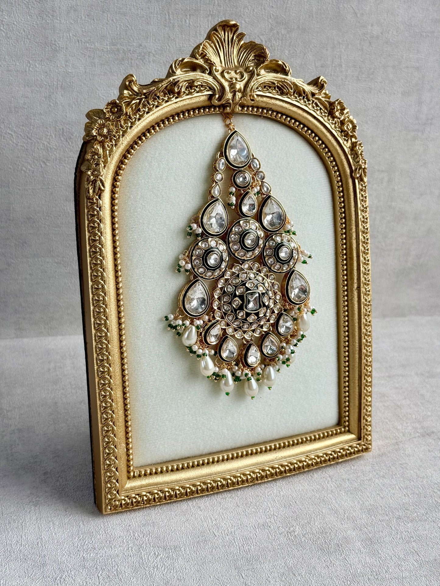 Ayura Designs Suhana Jhoomar Passa – Kundan Jhoomar with Ivory Pearl Drops, Pearl Detailing & Green Bead Accents
