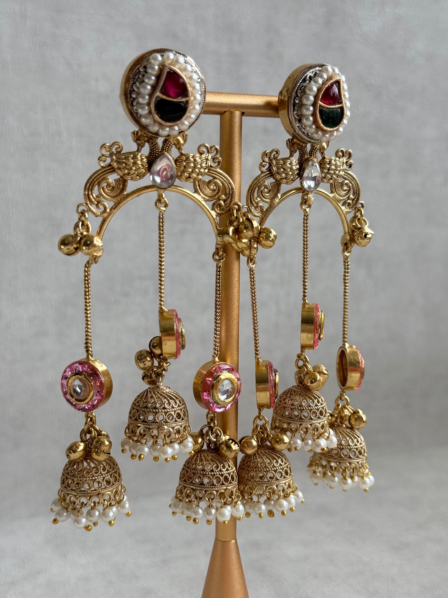 Ayura Designs Arzina Earrings – Triple Jhumki Earrings with Blush Pink Stones, Pearl Borders & Gold Detailing