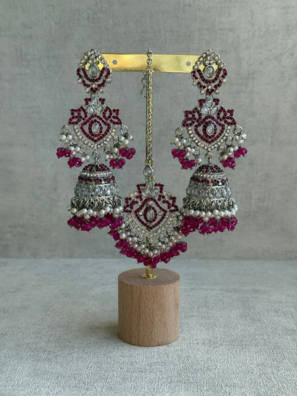 Ayura Designs Wania Set with Jhumkis, Tikka & Passa – Fuchsia Beads, Mirror-Cut Stones & Antique Silver Finish