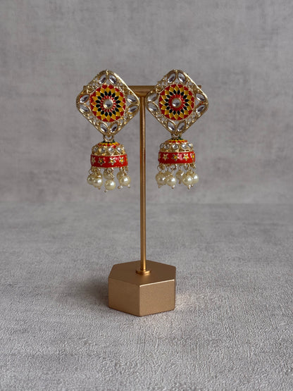 Ayura Designs Rangoli Jhumkis – Marigold Yellow, Ruby Red & Green Meenakari with Pearl Drops in Antique Gold Finish